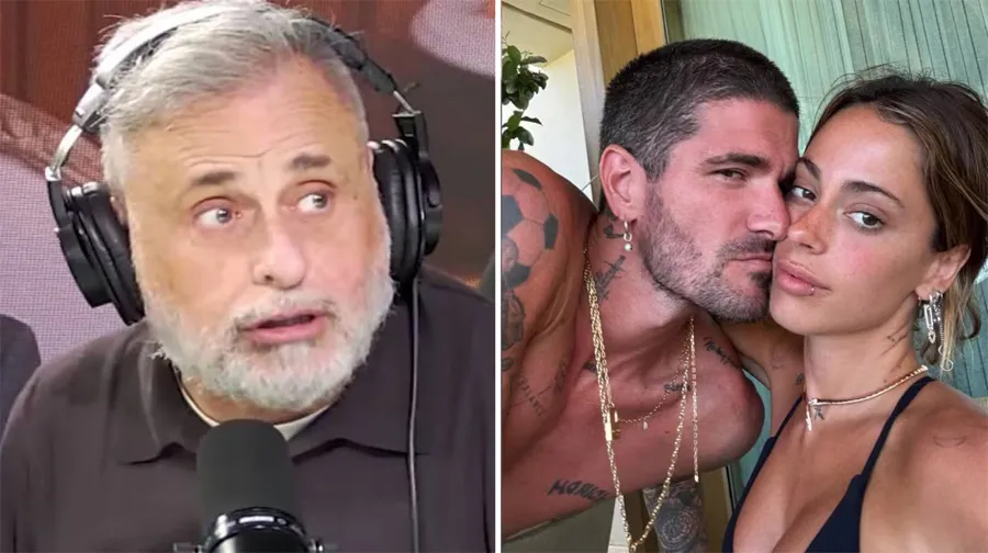 Composición con Jorge Rial con auriculares frente a un micrófono junto a Rodrigo De Paul y Tini Stoessel abrazados.