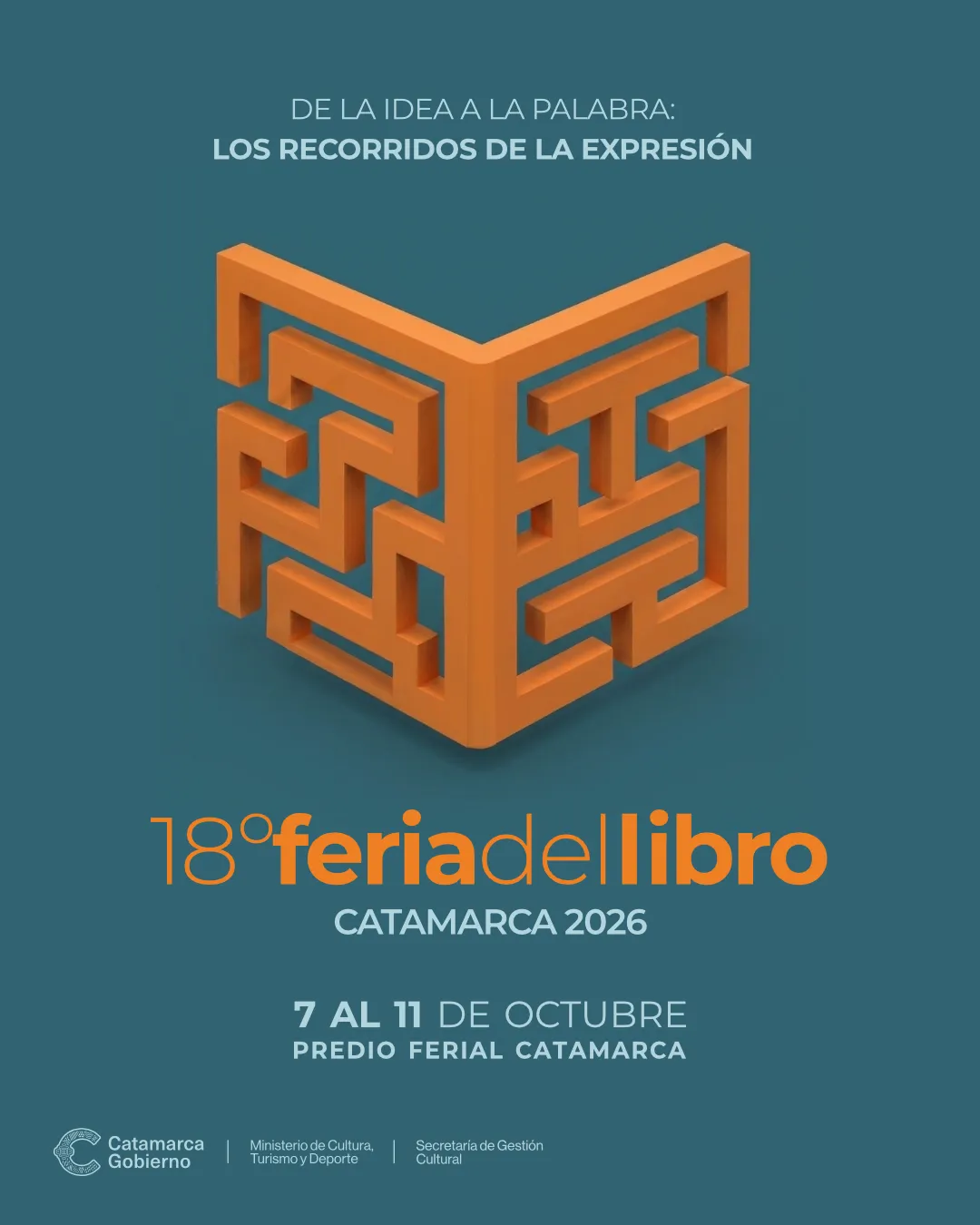 Un afiche sobre fondo verde azulado con un diseno geometrico anaranjado que promociona la feria del libro de Catamarca.