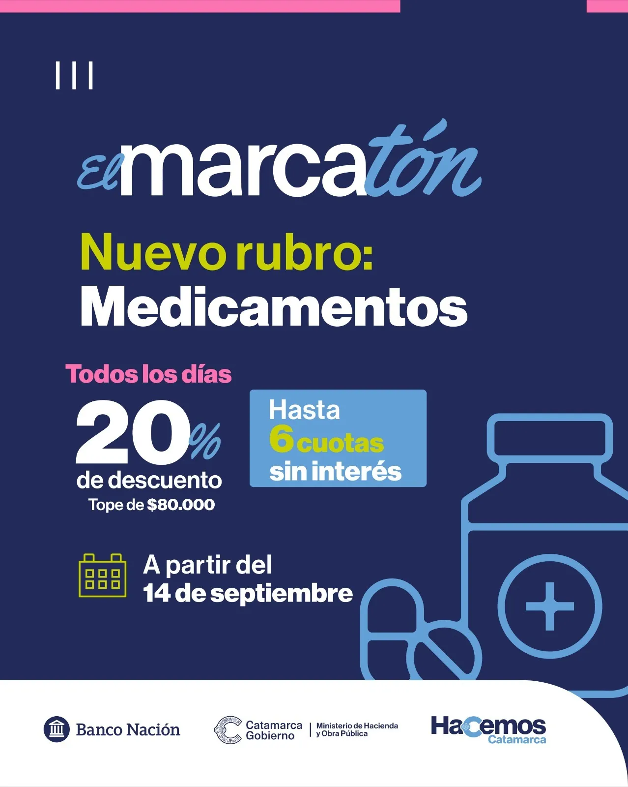 Un afiche informativo del programa Marcatón sobre descuentos en medicamentos.