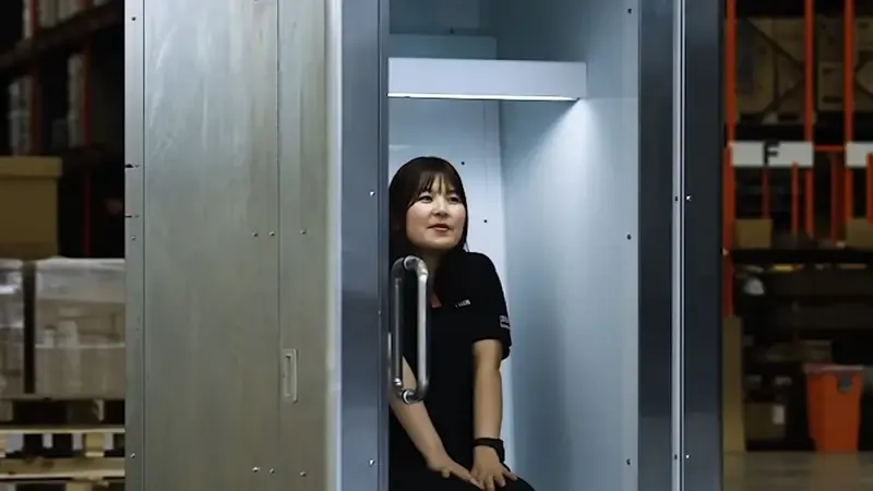 Una mujer sentada dentro de una cabina metálica abierta en un depósito o fábrica.