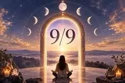 Una persona medita de espaldas frente a un arco luminoso con el texto 9/9 y fases lunares al atardecer.