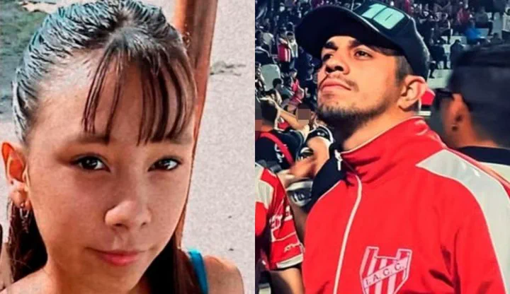 Un montaje con los rostros de una joven y de un joven con gorra y campera deportiva roja.