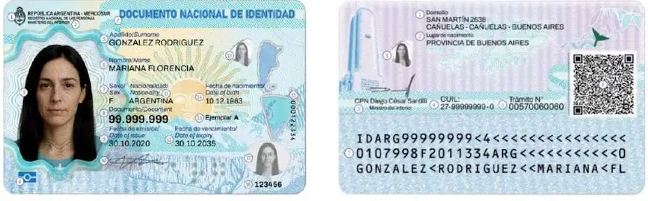 Frente y dorso de un ejemplar de muestra del Documento Nacional de Identidad argentino.