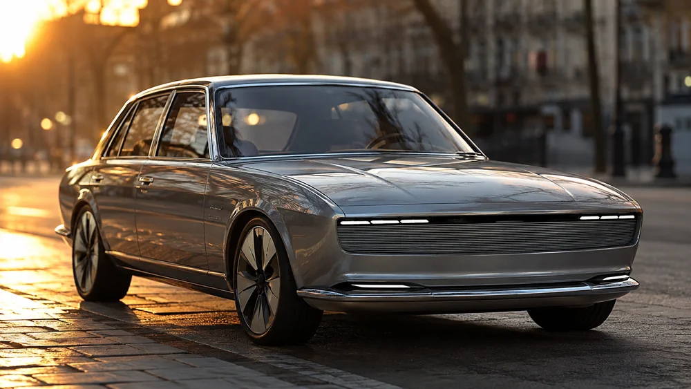 Un auto sedan gris de diseno retrofuturista se encuentra detenido sobre una calle adoquinada al atardecer.