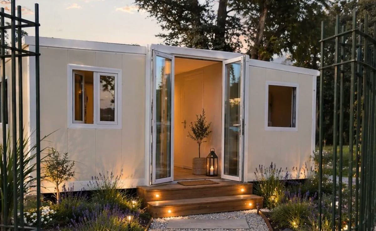 Una casa modular prefabricada blanca con puertas de vidrio abiertas, escalón de madera y plantas iluminadas.
