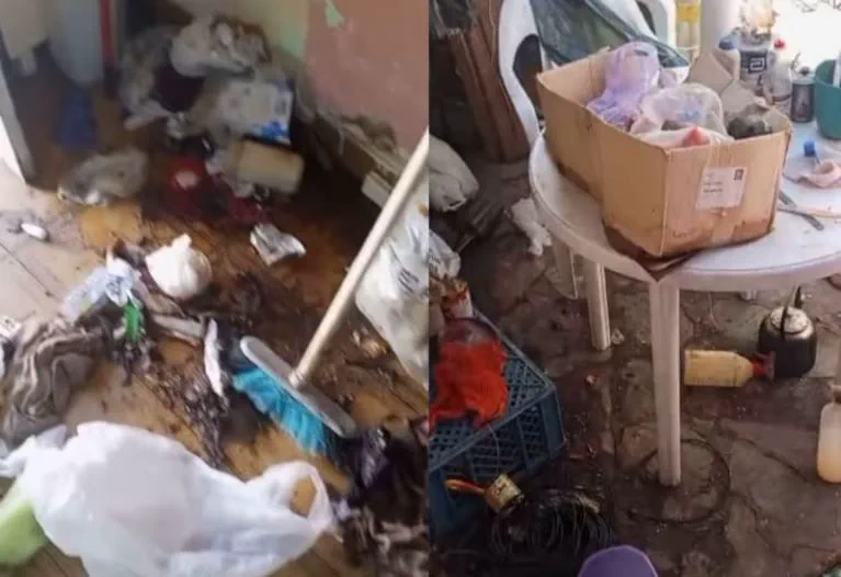 Ambientes interiores y exteriores desordenados y con basura esparcida por el piso y sobre una mesa.