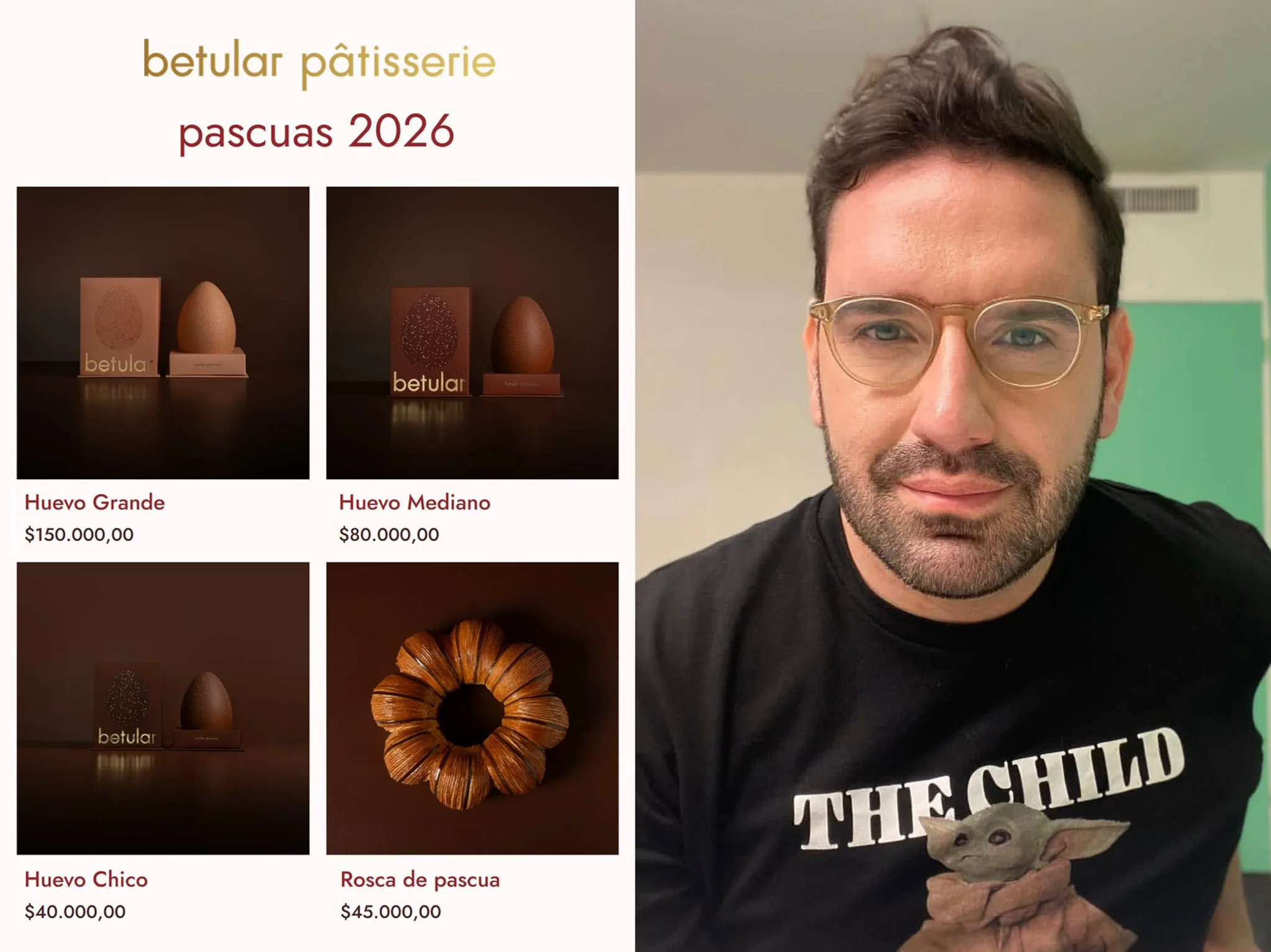 Damián Betular sonríe con anteojos junto a un cartel de precios de huevos de Pascua y rosca de su pastelería.