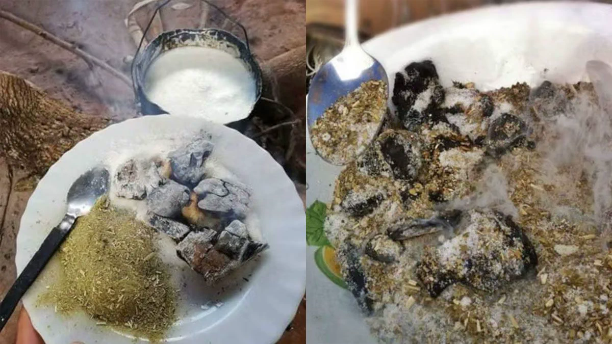 Brasas calientes, azucar y yerba mate humean en un plato playo al lado de una olla con leche.