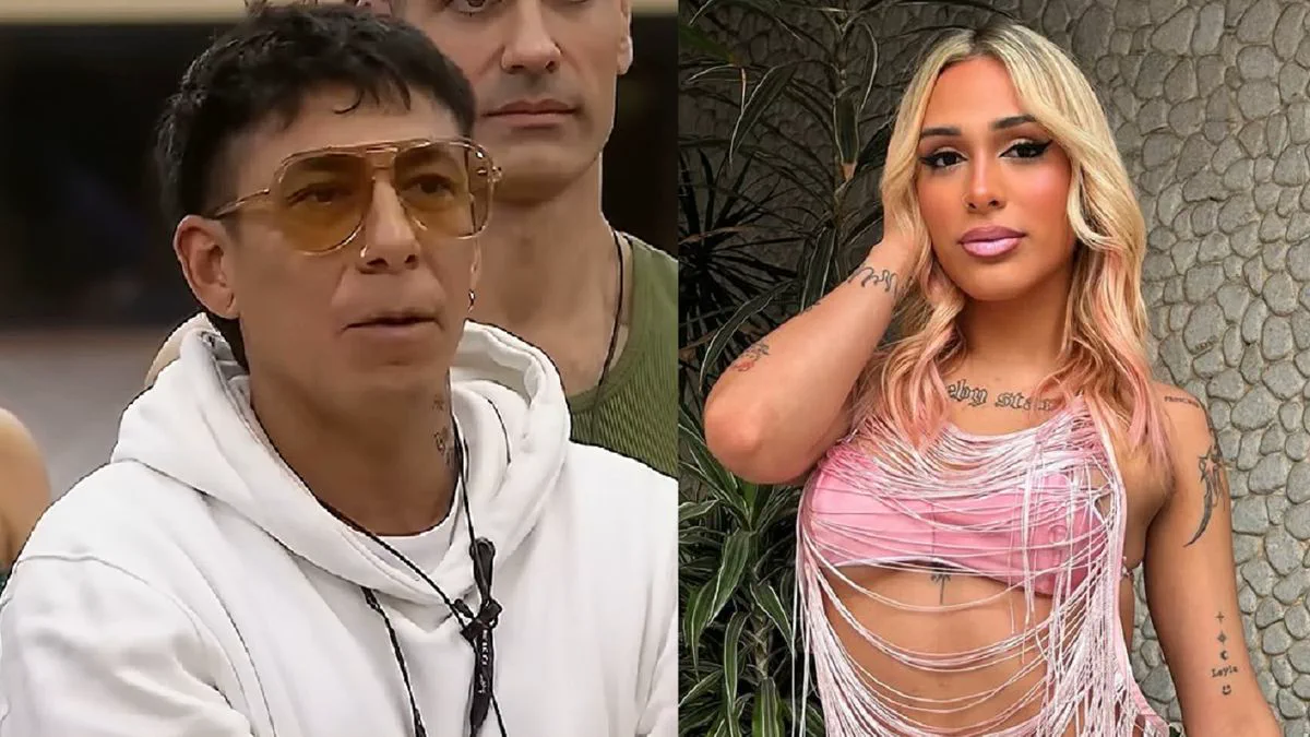 Un pibe con lentes de sol y campera blanca al lado de una chica rubia con top rosa de flecos.