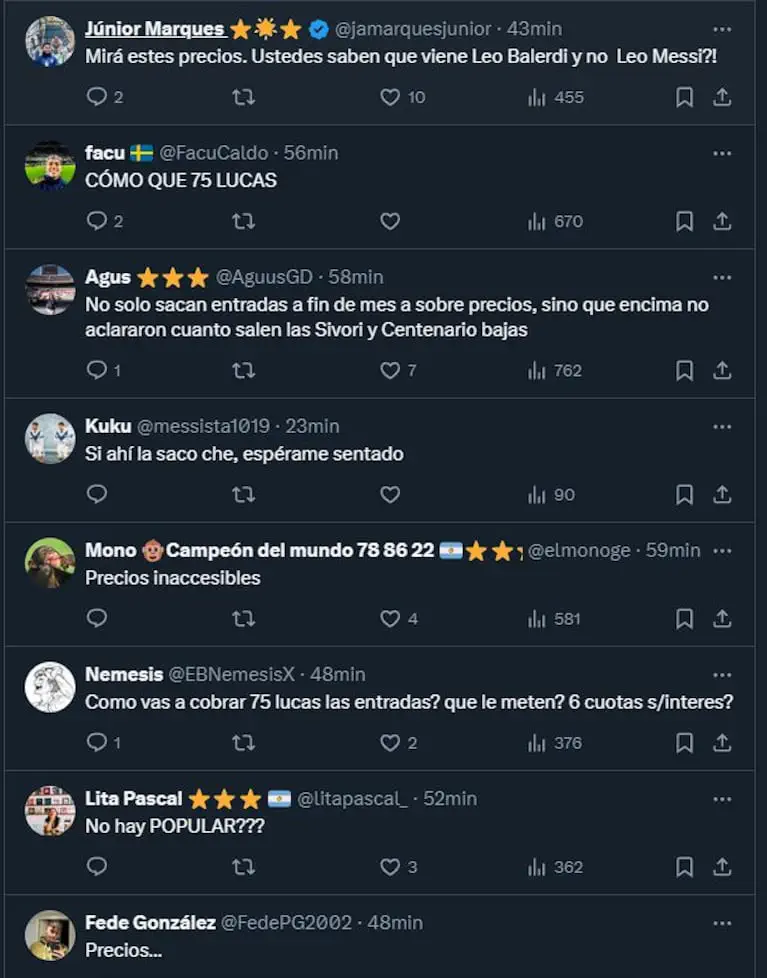 Captura de pantalla de varias publicaciones y comentarios de usuarios en la red social X sobre precios de entradas.