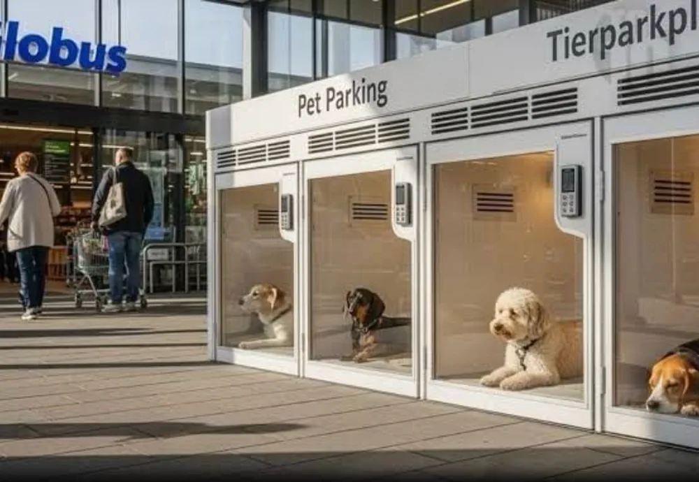 Varios perros descansan dentro de cabinas individuales transparentes en la entrada de un local.