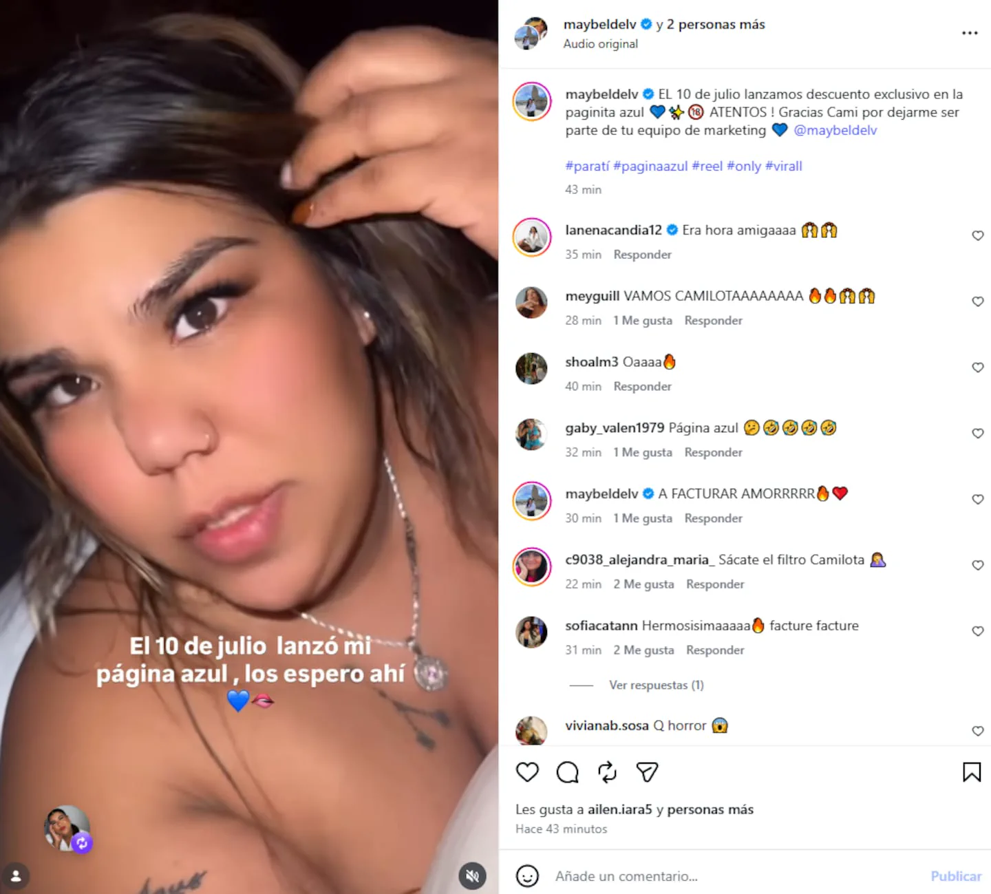 Una captura de pantalla de un reel de Instagram con una mujer en primer plano anunciando un descuento.