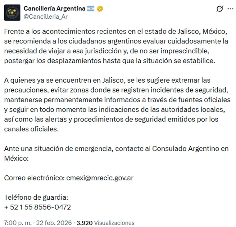 Una captura de una publicación de la Cancillería Argentina con advertencias sobre viajes al estado de Jalisco, México.