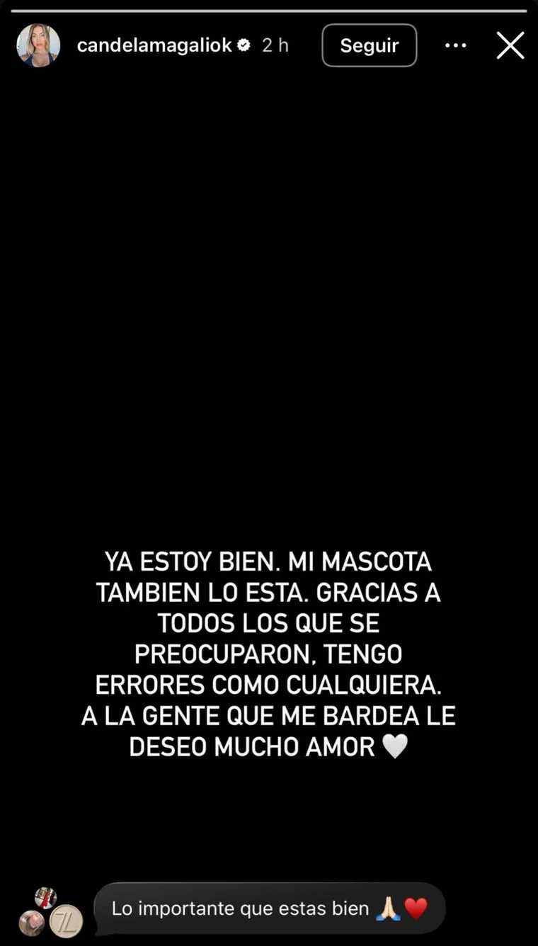 Captura de una historia de Instagram con texto blanco sobre fondo negro de la cuenta candelamagaliok.