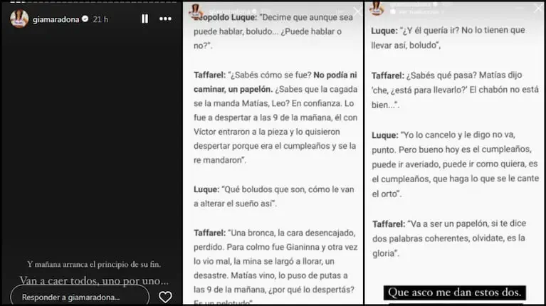 Captura de tres historias de Instagram que reproducen fragmentos de una conversacion de chat.