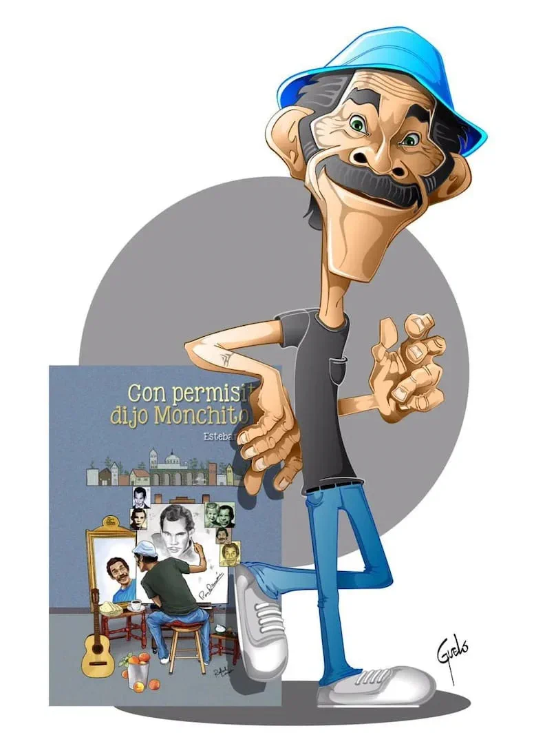 Una caricatura de Don Ramón con sombrero azul apoyado en un afiche de la obra Con permisito dijo Monchito.