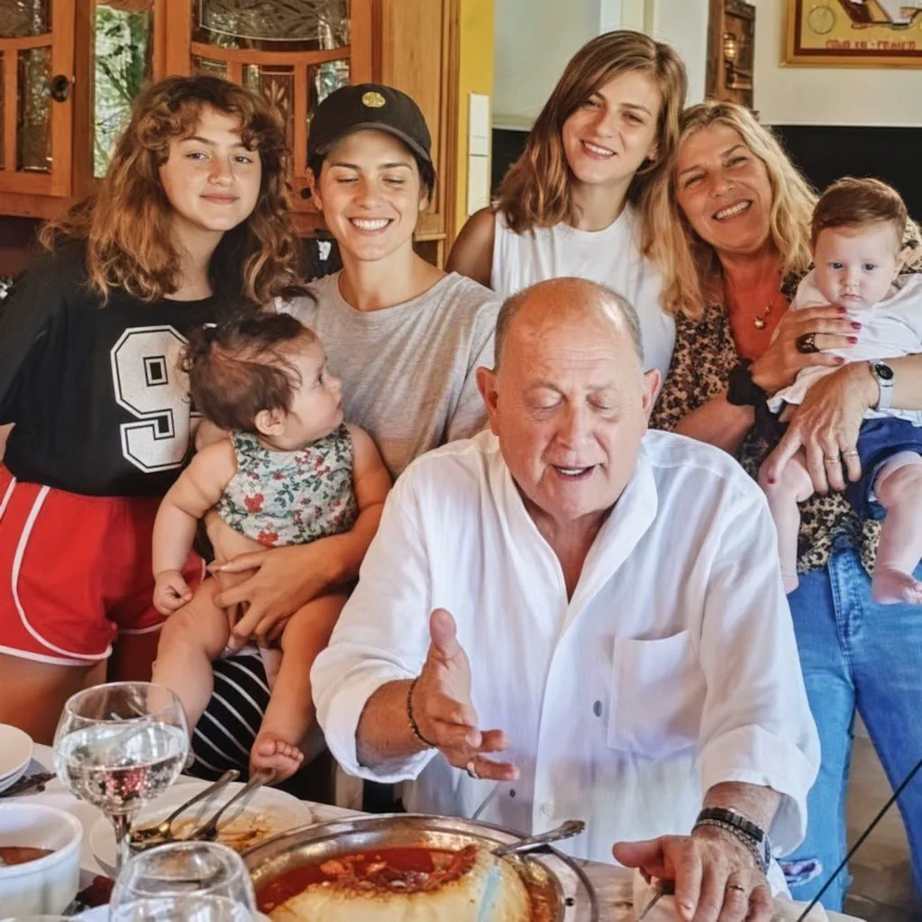Samuel Chiche Gelblung sentado a la mesa frente a un flan junto a su familia, sonriendo en un comedor.
