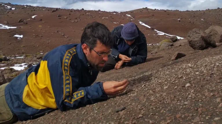 Dos personas están acostadas boca abajo observando de cerca el suelo pedregoso en una ladera montañosa árida.