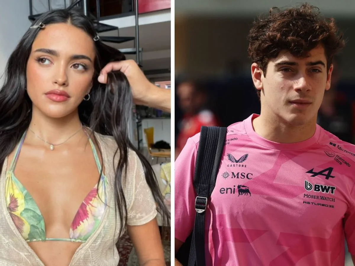 Composición partida con el piloto Franco Colapinto con remera rosa y una joven en bikini con kimono beige.