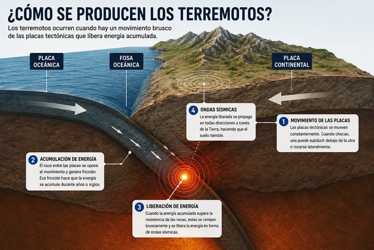 Infografia explicativa sobre como se producen los terremotos a partir del movimiento de las placas tectonicas.