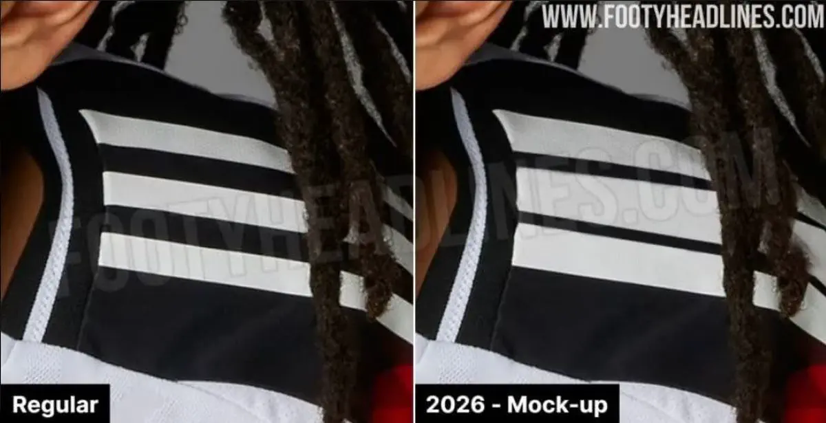 Detalle en primer plano de las tres tiras del hombro en una camiseta de fútbol comparando dos modelos.