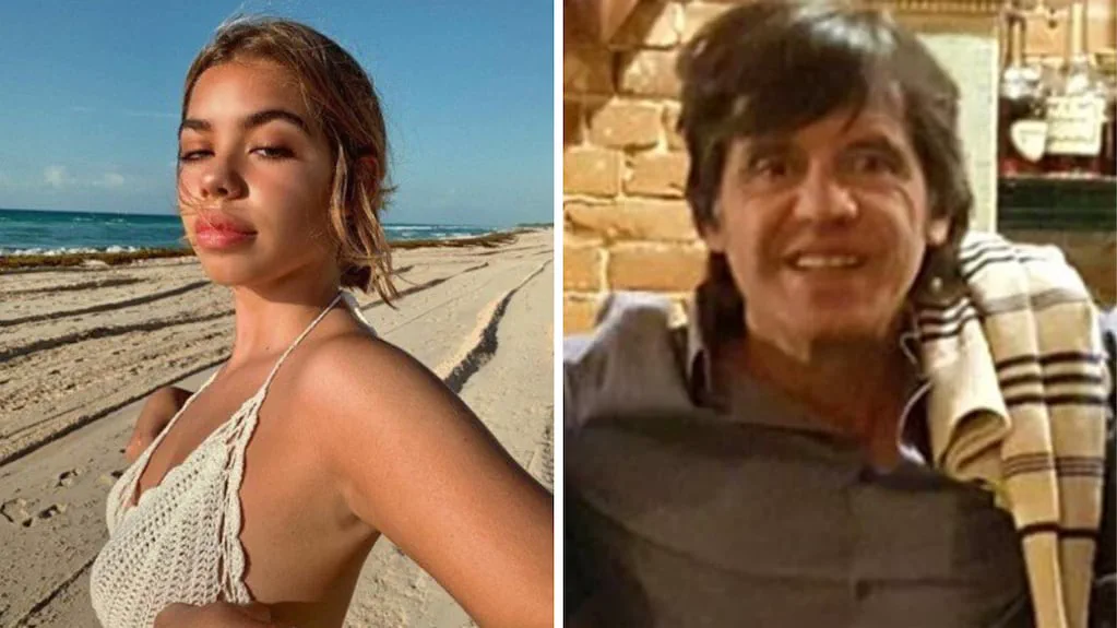 Composición partida con una mujer joven en una playa a la izquierda y un hombre sonriente a la derecha.