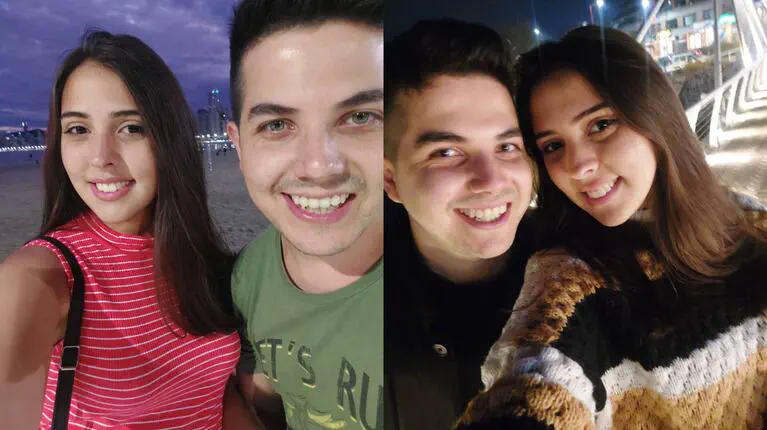 Un chico y una chica sonríen a cámara en un collage de dos selfies tomadas al aire libre.