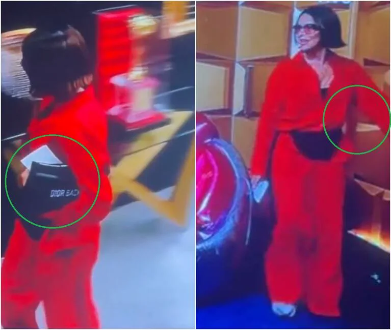 Una mujer de pelo corto y traje rojo con anteojos oscuros aparece en dos tomas con círculos verdes resaltados.