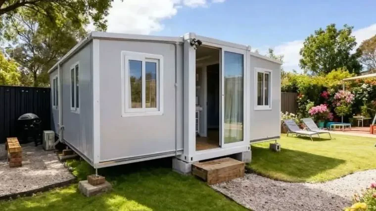 Una casa modular prefabricada gris con puertas corredizas de vidrio se encuentra en un jardin con pasto.