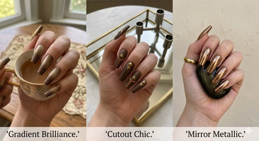 Tres manos exhiben estilos de manicura en tonos marrón, dorado con apliques y cobrizo metalizado.