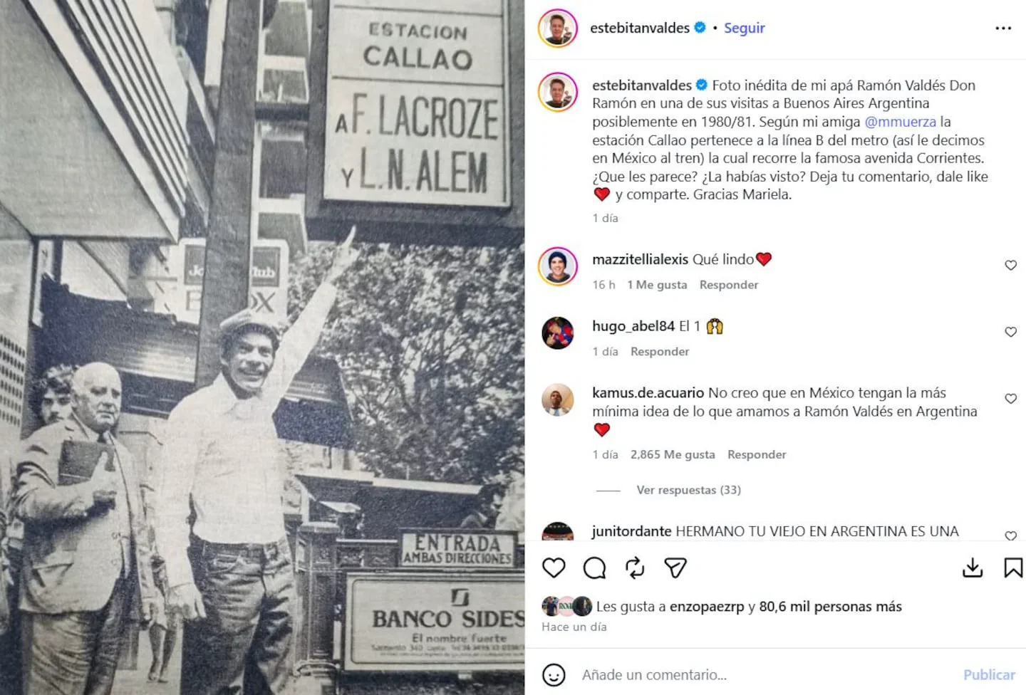 Captura de una publicacion de Instagram con una foto de Ramon Valdes saludando frente a la estacion Callao de subte.