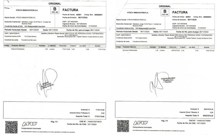 Dos comprobantes de factura electrónica tipo B emitidos ante la AFIP con firmas ológrafas y códigos QR.