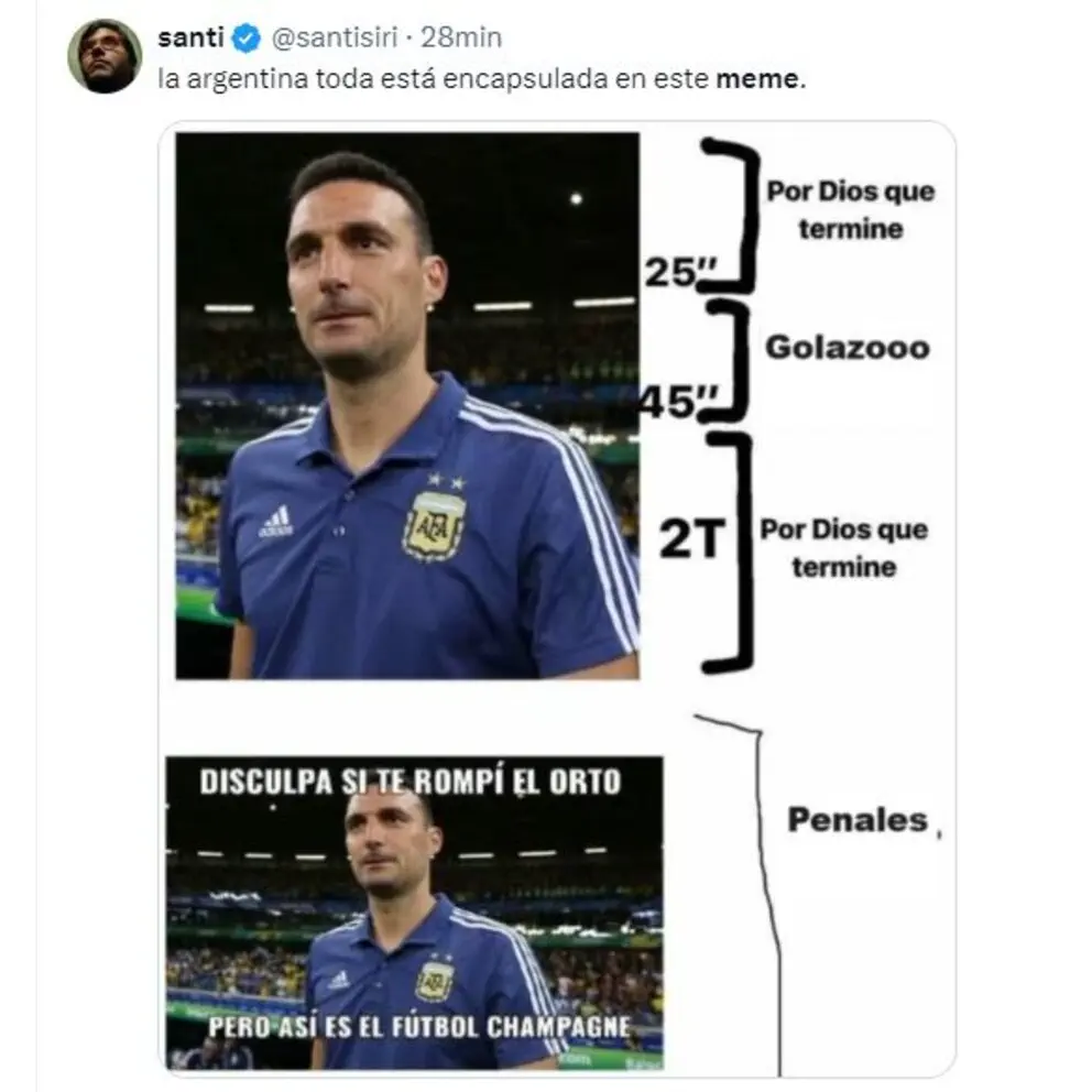 Dos fotos de Lionel Scaloni con la camiseta de la selección argentina acompañadas por textos humorísticos.