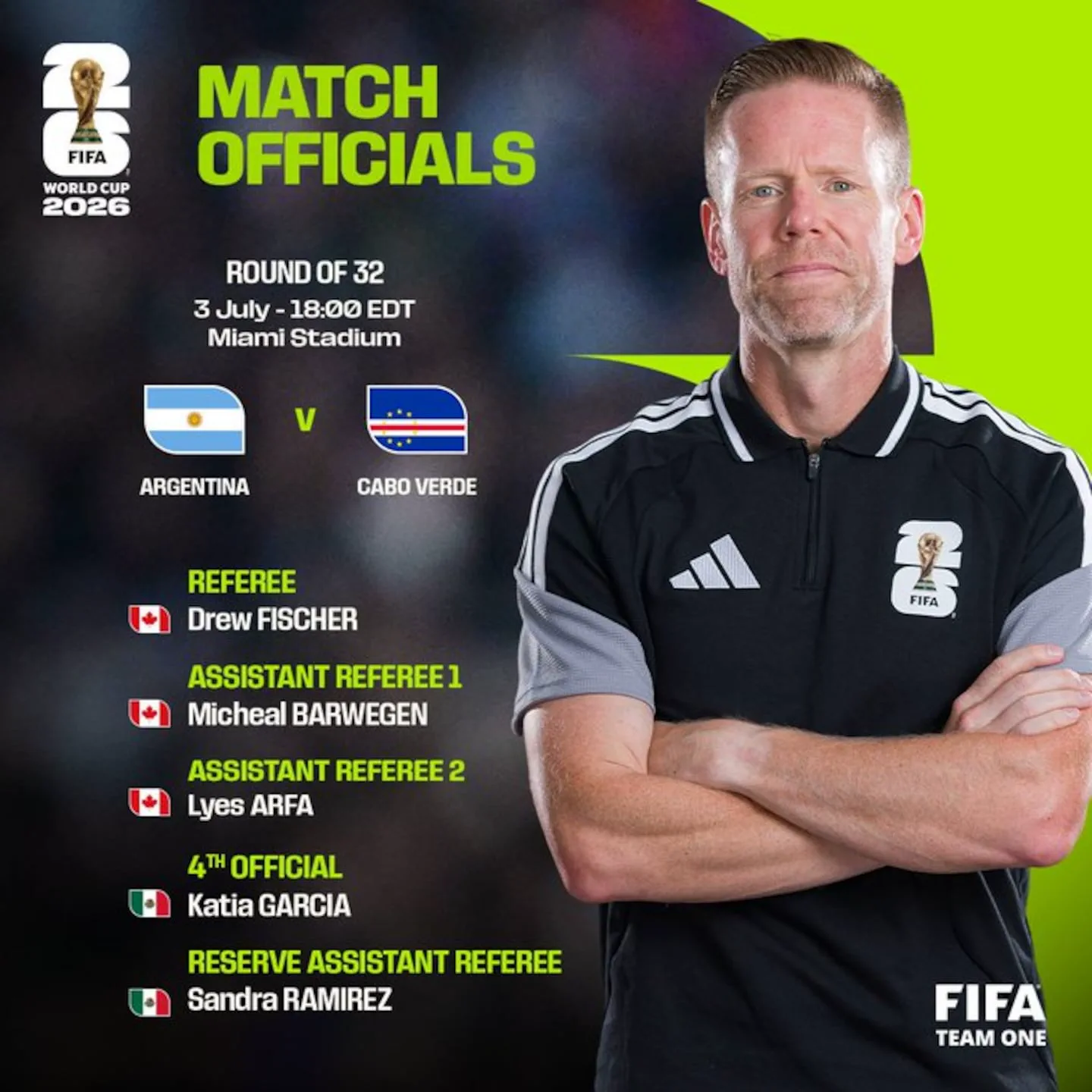 Placa oficial de la FIFA con la foto del arbitro Drew Fischer y la designacion arbitral para Argentina contra Cabo Verde.