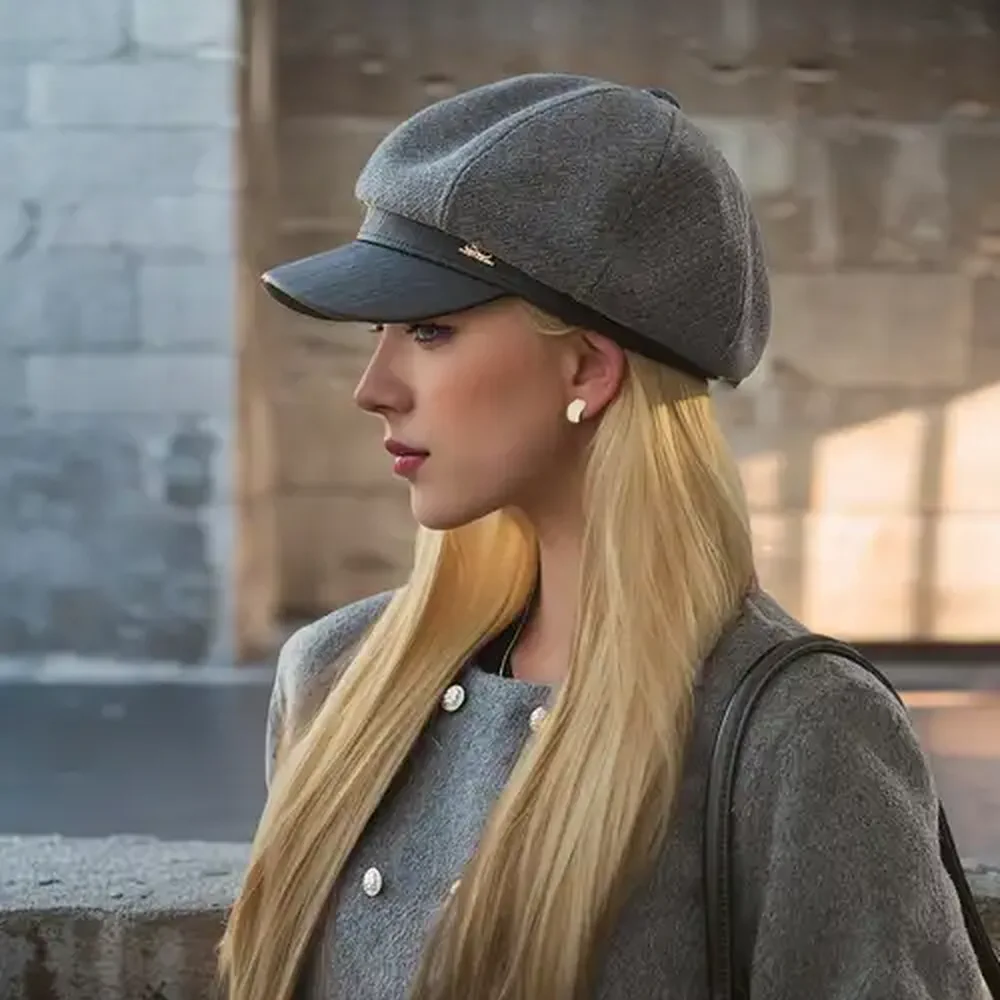 Una mujer rubia de perfil con gorra gris y abrigo gris al aire libre.