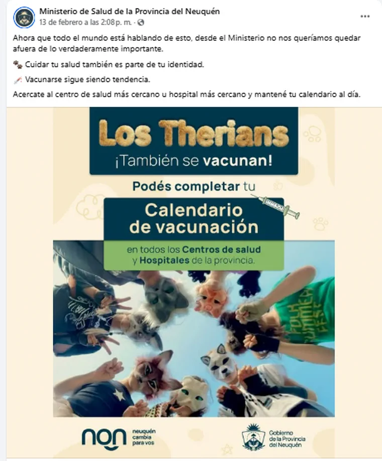 Una publicacion con el afiche de campana de vacunacion para therians del Ministerio de Salud de Neuquen.