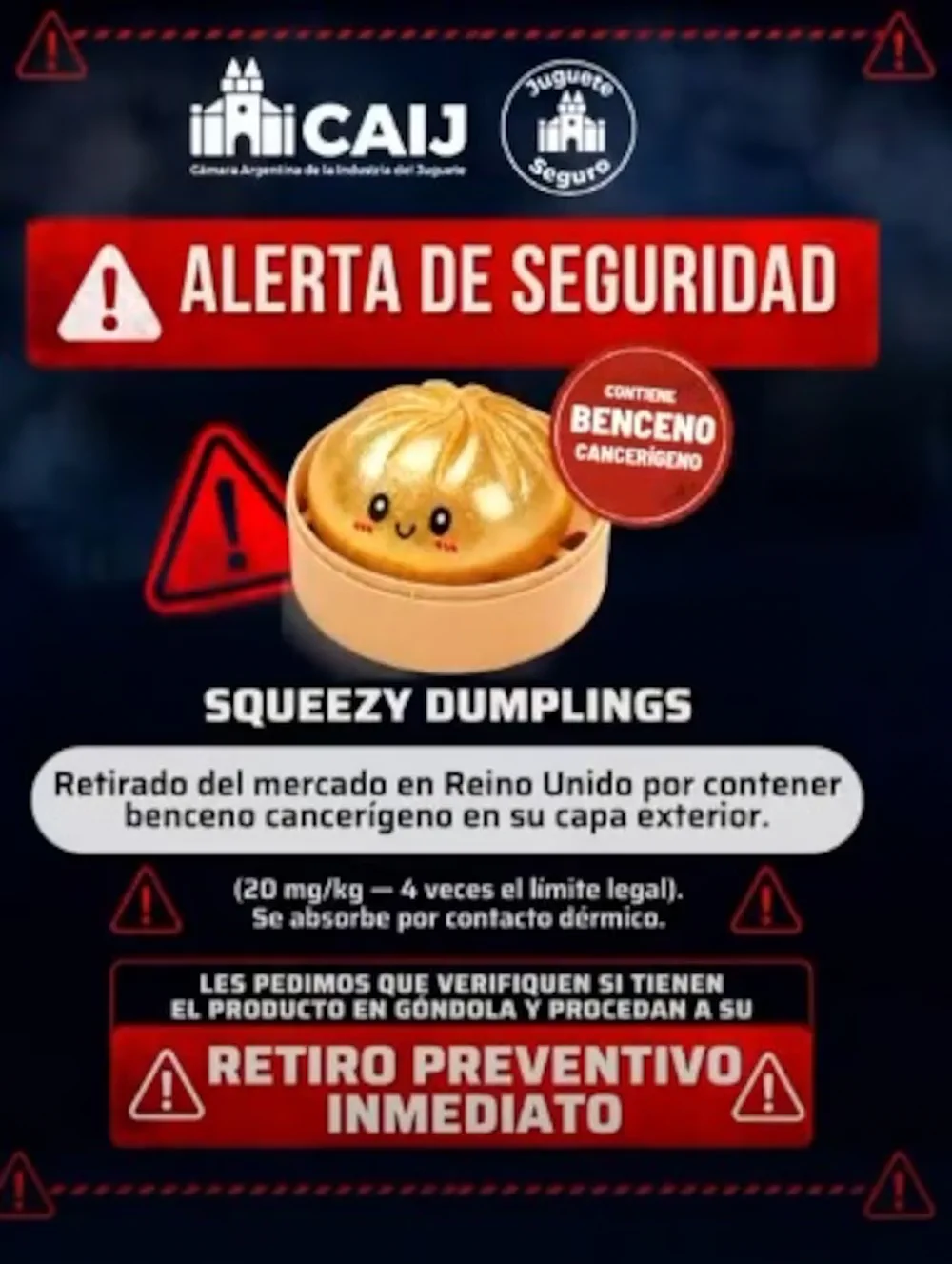 Un afiche de alerta de seguridad advierte sobre el retiro de un juguete con forma de masa dumpling dorada.