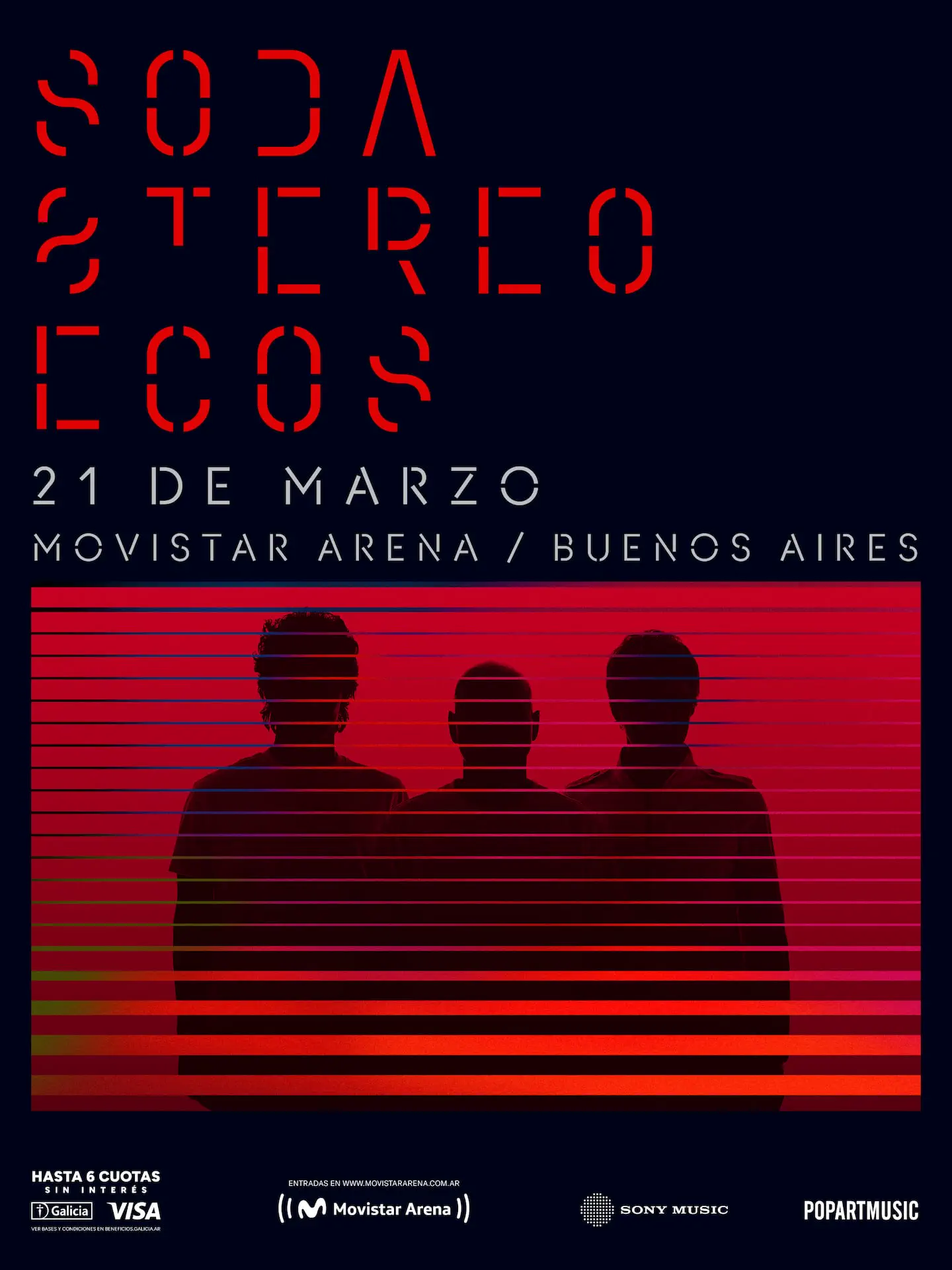 Afiche del show de Soda Stereo con tres siluetas a contraluz sobre fondo rojo con líneas horizontales.