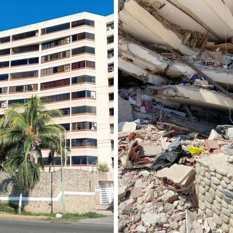 Una imagen dividida compara un edificio residencial intacto con una construcción colapsada en escombros.