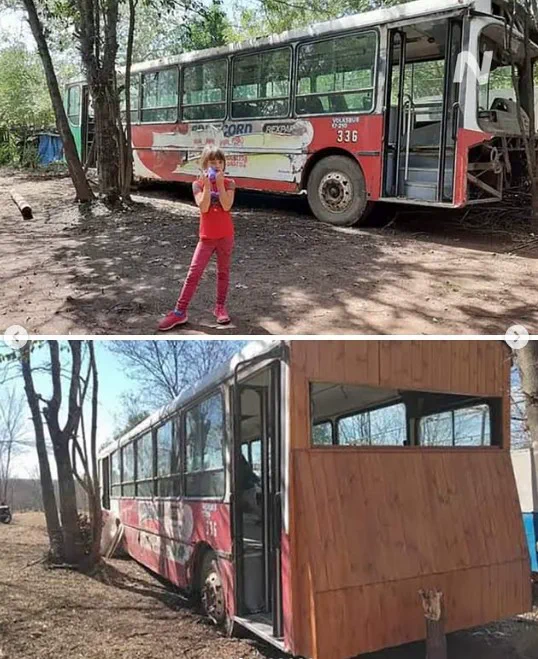 Collage que muestra a una nena parada frente a un colectivo en desuso y abajo el mismo colectivo remodelado con madera.