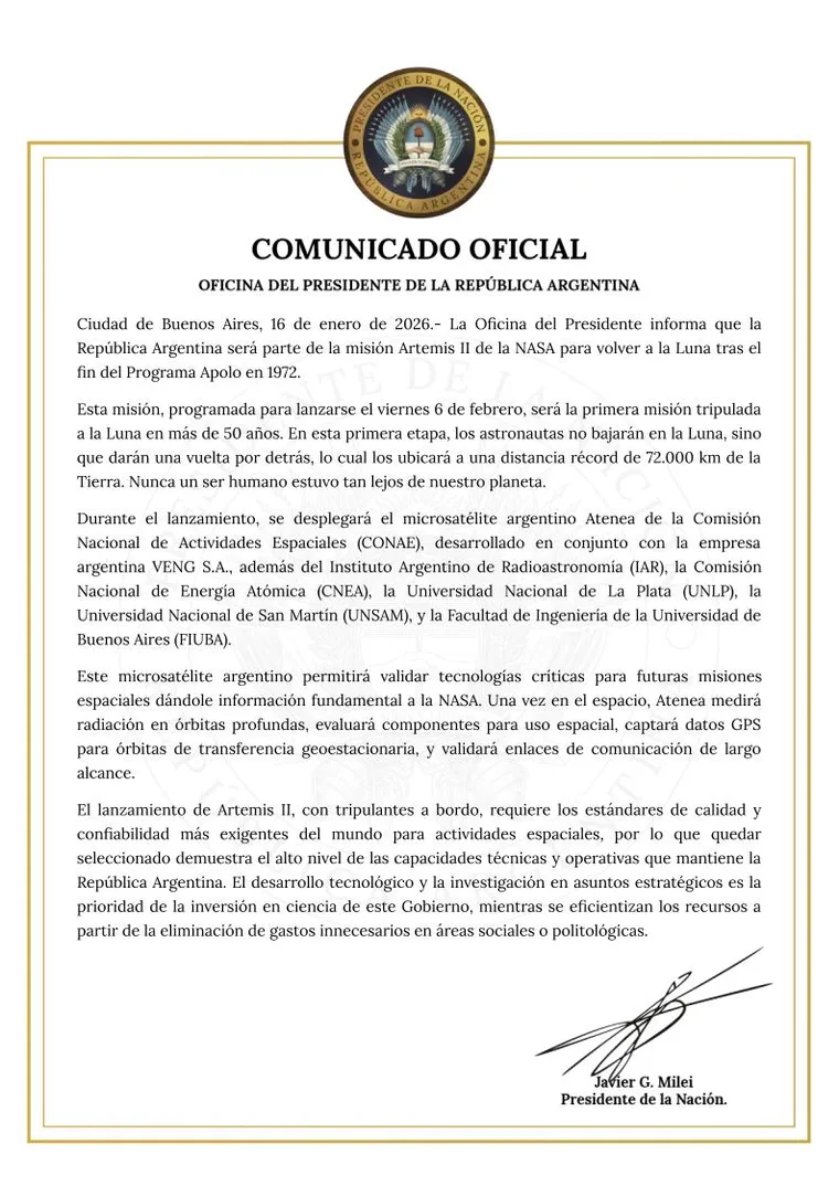 Comunicado oficial de la Oficina del Presidente sobre la participacion argentina en la mision Artemis II.