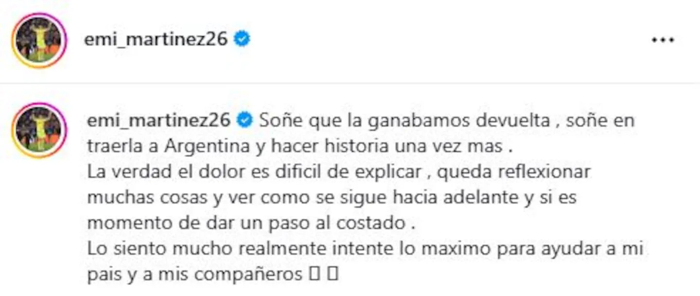 Captura de una publicación de Instagram de la cuenta emi_martinez26 con un mensaje de despedida.