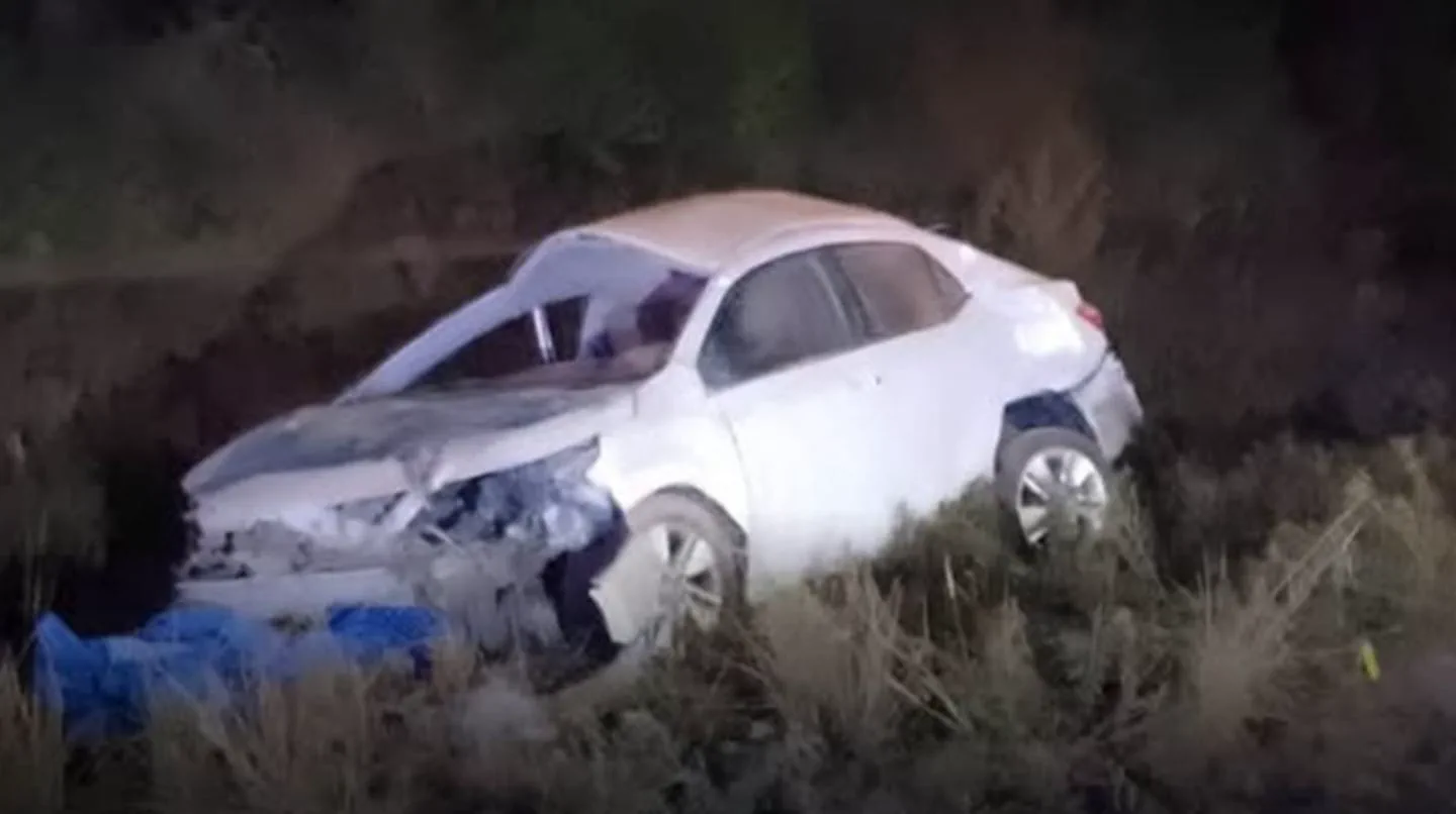 Un auto blanco volcado y chocado entre la vegetación al costado de un camino durante la noche.
