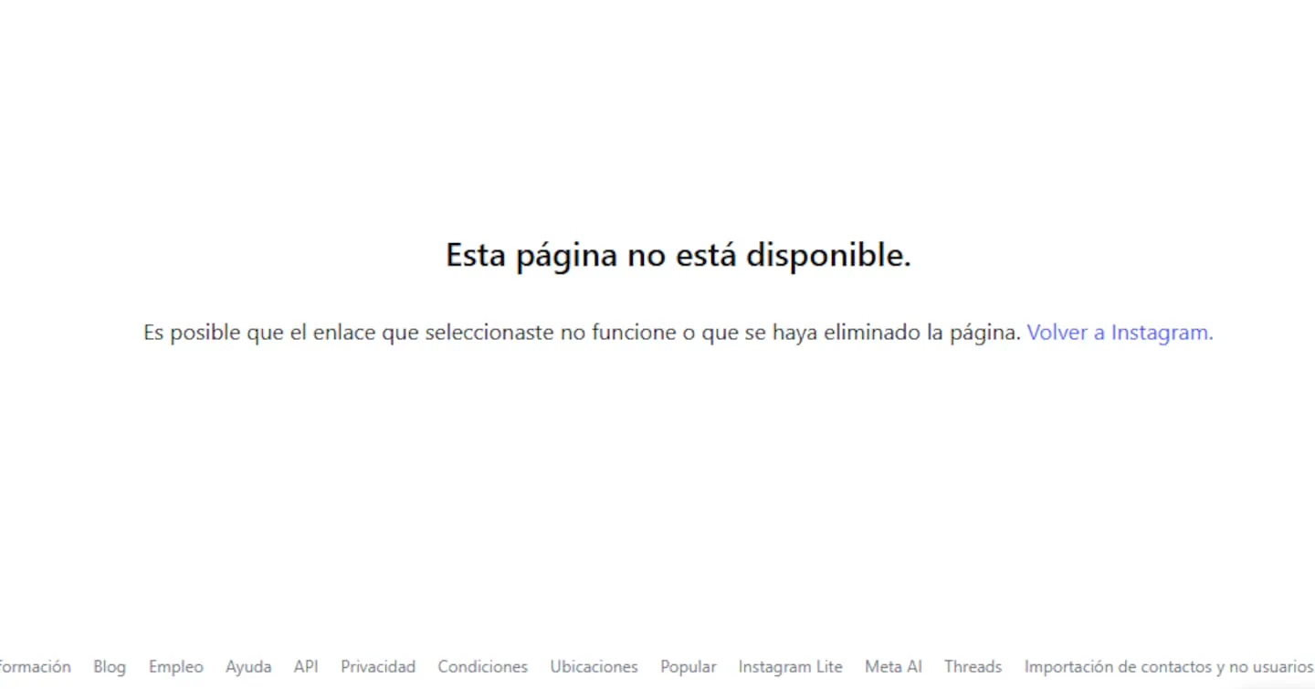 Captura de pantalla de un aviso en espanol de Instagram informando que la pagina no esta disponible.