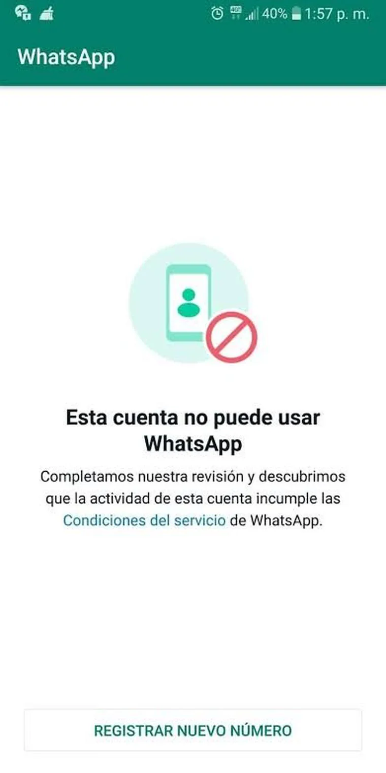 Captura de pantalla de WhatsApp informando que la cuenta no puede usarse por incumplir las condiciones.