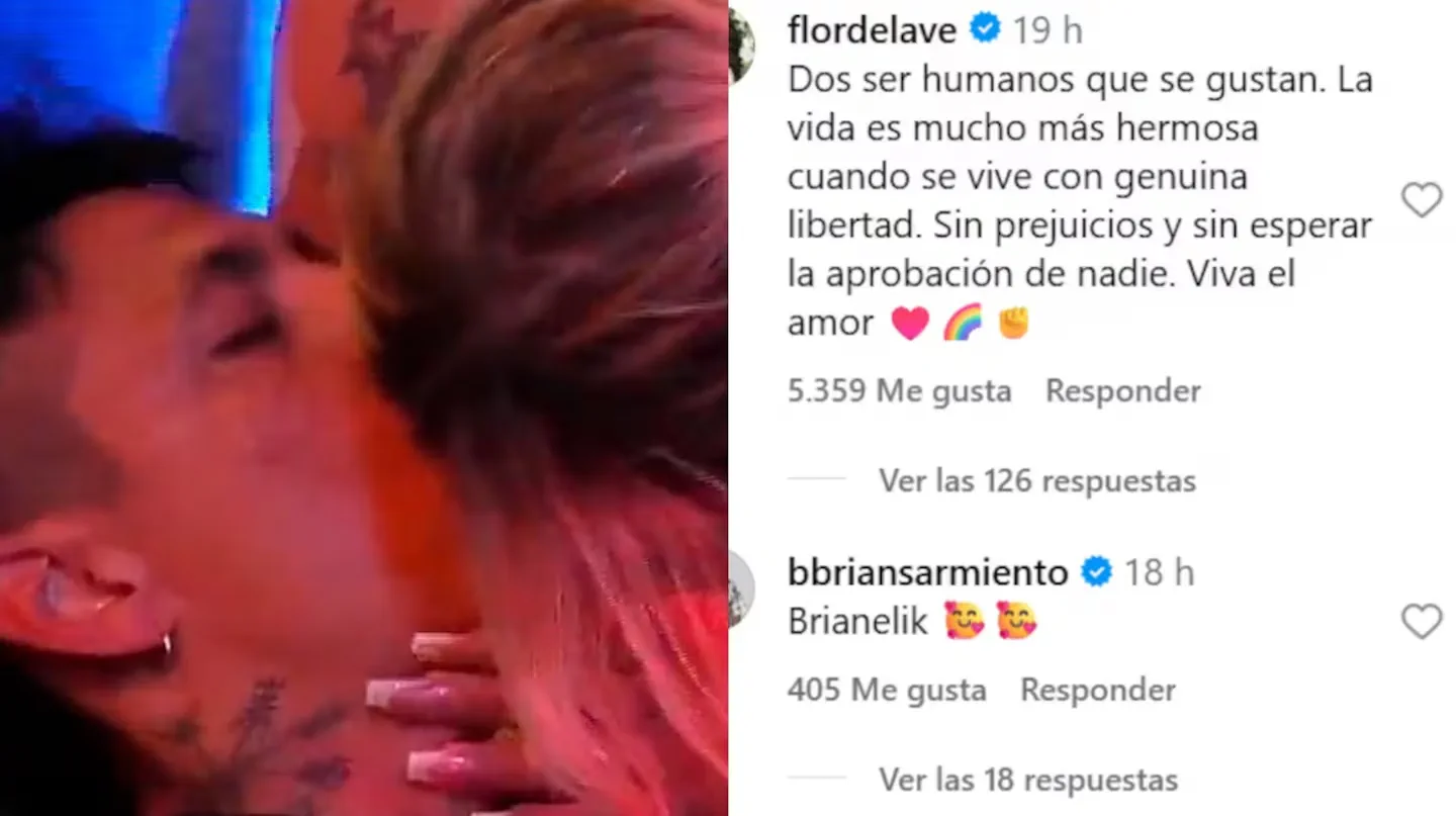 Captura dividida con dos personas besándose de cerca y capturas de comentarios en redes sociales al costado.