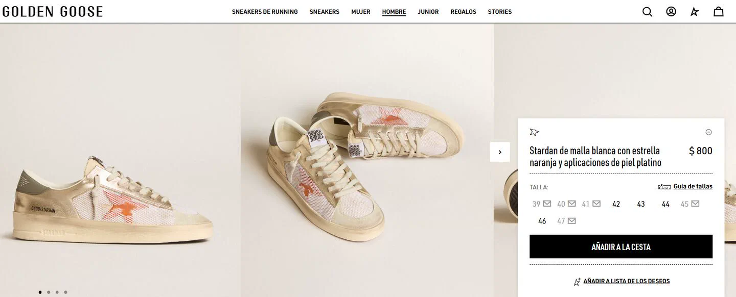 Zapatillas urbanas claras exhibidas en una página web de venta online junto a su precio y opciones de talle.
