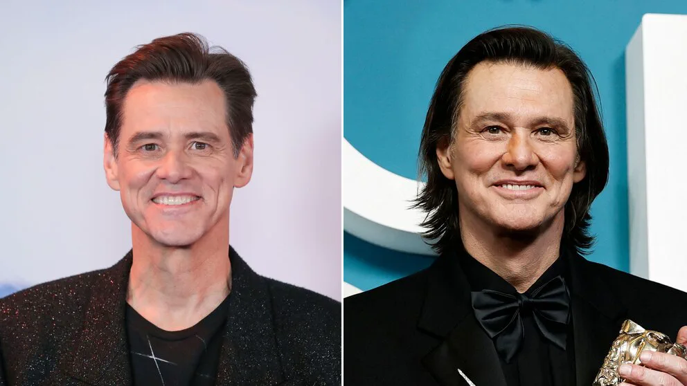 El actor Jim Carrey aparece en dos tomas de frente sonriendo, en una con remera y en la otra de traje con moño.