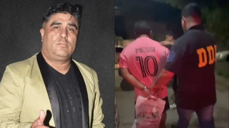Collage con un hombre de saco claro a la izquierda y un detenido de espaldas con remera de Messi escoltado por la DDI.