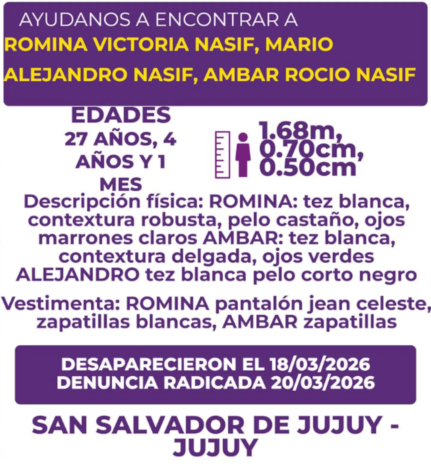 Un cartel informativo sobre la búsqueda de tres personas en San Salvador de Jujuy, con datos de filiación y vestimenta.